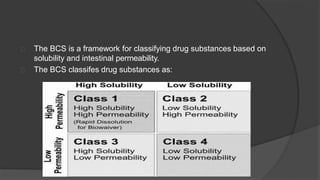 The BCS is a framework for classifying drug substances based on
solubility and intestinal permeability.
The BCS classifes drug substances as:
 