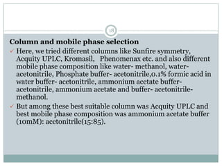 18

Column and mobile phase selection
 Here, we tried different columns like Sunfire symmetry,
  Acquity UPLC, Kromasil, Phenomenax etc. and also different
  mobile phase composition like water- methanol, water-
  acetonitrile, Phosphate buffer- acetonitrile,0.1% formic acid in
  water buffer- acetonitrile, ammonium acetate buffer-
  acetonitrile, ammonium acetate and buffer- acetonitrile-
  methanol.
 But among these best suitable column was Acquity UPLC and
  best mobile phase composition was ammonium acetate buffer
  (10mM): acetonitrile(15:85).
 