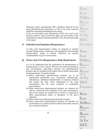 22 
GUIDE 
LINES 
ONDRUG 
BIOEQUIV-ALENCE 
REQUIRE-MENTS 
IN THE 
GCC 
COUNTRIES 
GUIDE 
LINES 
ONDRUG 
BIOEQUIV-ALENCE 
REQUIRE-MENTS 
IN THE 
GCC 
COUNTRIES 
GUIDE 
LINES 
ONDRUG 
BIOEQUIV-ALENCE 
REQUIRE-MENTS 
IN THE 
GCC 
C 
Parametric and/or nonparametric 90% confidence intervals for the 
mean pharmacokinetic parameters as well as the point estimates 
should be calculated and tabulated in the report. 
If the two one-sided t-tests (Schuirmann 1987) were used as the 
decision criterion, values of both the upper and lower limits of the 
calculated test statistics and the tabulated t-value should be provided 
in the report. 
P. Individual and Population Bioequivalence 
To date, most bioequivalence studies are designed to evaluate 
average bioequivalence. Experience with population and individual 
bioequivalence studies is limited. Therefore, no specific 
recommendation is given on this matter. 
Q. Waiver of In-Vivo Bioequivalence Study Requirements 
It is to be emphasized that the requirement for demonstration of 
bioequivalence is never waived. However, for certain formulations 
and circumstances, equivalence between two pharmaceutical 
products may be considered self-evident with no further requirement 
for documentation. Examples include: 
(a) When multi-source pharmaceutical products are to be 
administered paranterally (e.g., intravenous, intramuscular, 
subcutaneous, intrathecal administration) as aqueous solutions 
and contain the same active substance(s) in the same 
concentration and the same excipients in comparable 
concentrations; 
(b) When multi-source pharmaceutical products are solutions for 
oral use, contain the active substance in the same concentration, 
and do not contain an excipient that is known or suspected to 
affect gastrointestinal transit or absorption of the active 
substance; 
(c) When multi-source pharmaceutical products are gases; 
(d) When multi-source pharmaceutical products are powders for 
reconstitution as a solution and the solution meet either criterion 
(a) or criterion (b) above, 
 