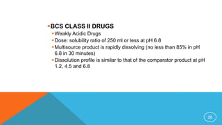 BCS CLASS II DRUGS
Weakly Acidic Drugs
Dose: solubility ratio of 250 ml or less at pH 6.8
Multisource product is rapidly dissolving (no less than 85% in pH
6.8 in 30 minutes)
Dissolution proﬁle is similar to that of the comparator product at pH
1.2, 4.5 and 6.8
28
 