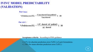 39
IVIVC MODEL PREDICTABILITY
(VALIDATION)
For Cmax:
For AUC:
Acceptance criteria: According to FDA guidance
• ≤15% for absolute prediction error (%P.E.) of each formulation.
• ≤ 10% for mean absolute prediction error (%P.E.)
 