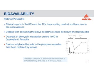 11
© 2017 USP
 Clinical reports in the 60’s and the 70’s documenting medical problems due to
bio-inequivalence
 Dosage form containing the active substance should be known and reproducible
 Outbreak of phenytoin intoxication around 1970 in
Queensland, Australia
 Calcium sulphate dihydrate in the phenytoin capsules
had been replaced by lactose
BIOAVAILABILITY
Historical Perspective
Tyrer et al.: Outbreak of anticonvulsant intoxication in
an Australian city. Brit. Med. J. 4: 271-273, 1970.
 
