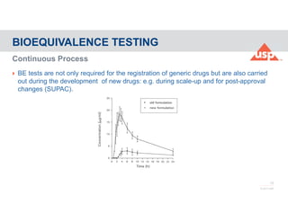 13
© 2017 USP
 BE tests are not only required for the registration of generic drugs but are also carried
out during the development of new drugs: e.g. during scale-up and for post-approval
changes (SUPAC).
BIOEQUIVALENCE TESTING
Continuous Process
 