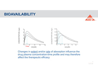 7
© 2017 USP
BIOAVAILABILITY
Changes in extent and/or rate of absorption influence the
drug plasma concentration-time profile and may therefore
affect the therapeutic efficacy
Tmax
Cmax
AUC1=AUC2=AUC3
AUC1AUC2AUC3
 