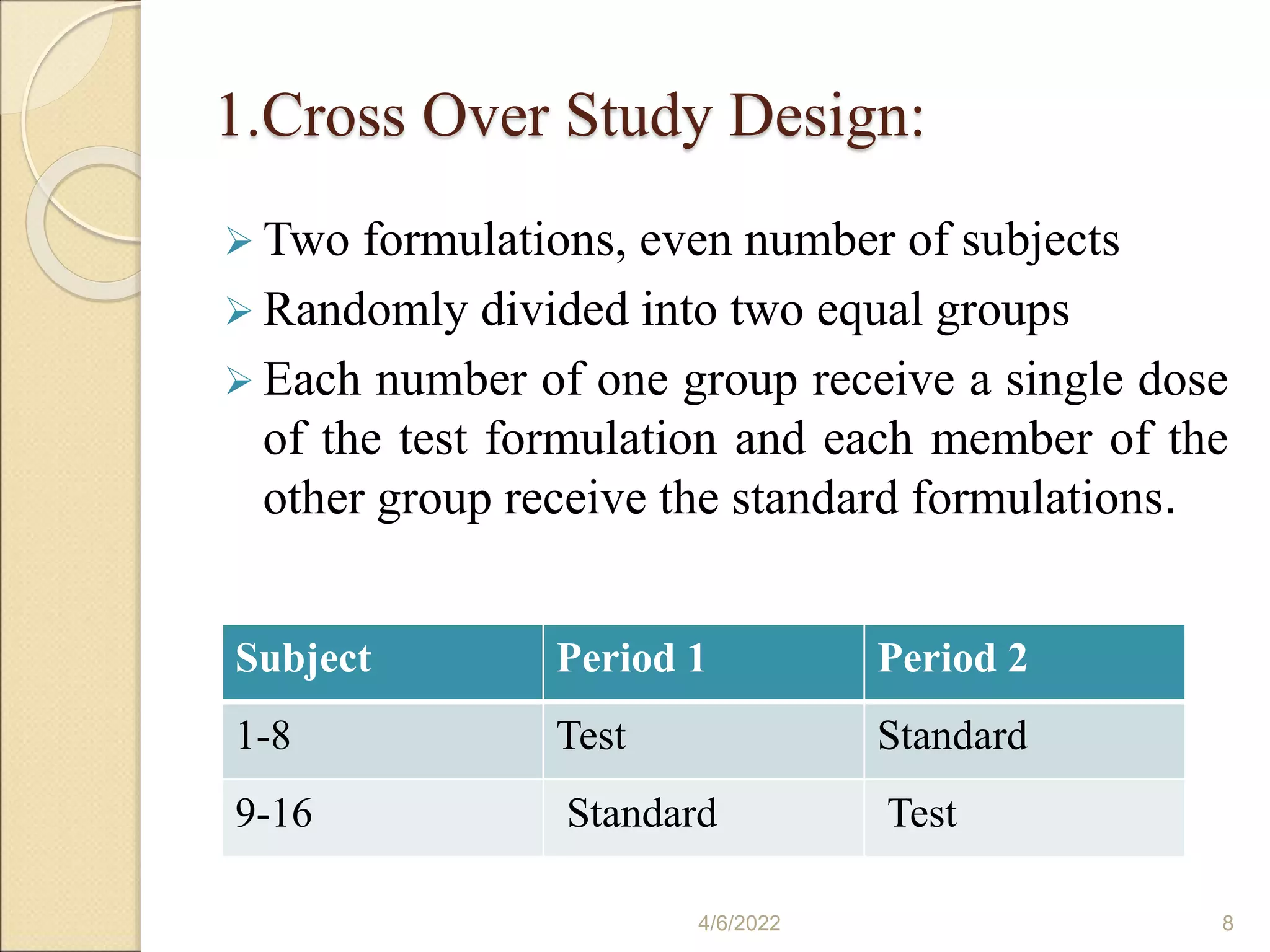 1.Cross Over Study Design:
 Two formulations, even number of subjects
 Randomly divided into two equal groups
 Each number of one group receive a single dose
of the test formulation and each member of the
other group receive the standard formulations.
4/6/2022 8
Subject Period 1 Period 2
1-8 Test Standard
9-16 Standard Test
 