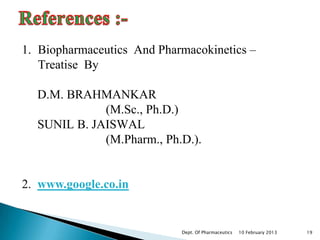 1. Biopharmaceutics And Pharmacokinetics –
   Treatise By

  D.M. BRAHMANKAR
             (M.Sc., Ph.D.)
  SUNIL B. JAISWAL
             (M.Pharm., Ph.D.).


2. www.google.co.in


                            Dept. Of Pharmaceutics   10 February 2013   19
 