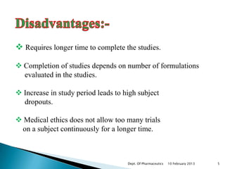  Requires longer time to complete the studies.

 Completion of studies depends on number of formulations
  evaluated in the studies.

 Increase in study period leads to high subject
  dropouts.

 Medical ethics does not allow too many trials
 on a subject continuously for a longer time.



                                     Dept. Of Pharmaceutics   10 February 2013   5
 