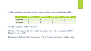 8
Period 1 Period 2 Period 3 Period 4
Sequence 1 T R T R
Sequence 2 R T R T
 A four period, two-sequence, two-formulation design is recommended by the FDA.
where R = reference and T= treatment.
The same reference and the same test are each given twice to the same subject. Other
Sequences are possible.
In this design, Reference-to-Reference and Test-to-Test comparisons may also be made.
 