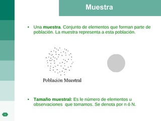 Muestra Una  muestra .  Conjunto de elementos que forman parte de población. La muestra representa a esta población.   Tamaño muestral:  Es le número de elementos u observaciones  que tomamos. Se denota por n ó N. 