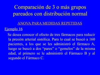 Comparación de 3 o más grupos pareados con distribución normal ANOVA PARA MEDIDAS REPETIDAS Ejemplo 16 Se desea conocer el efecto de tres fármacos para reducir la presión arterial sistólica. Para lo cual se buscó a 160 pacientes, a los que se les administró el fármaco A, luego se buscó a dos “pares” o “gemelos” de la misma edad, al primero se le administró el Fármaco B y al segundo el Fármaco C.  