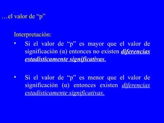 … el valor de “p” Interpretación: Si el valor de “p” es mayor que el valor de significación ( α ) entonces no existen  diferencias estadísticamente significativas . Si el valor de “p” es menor que el valor de significación ( α ) entonces existen  diferencias estadísticamente significativas. 