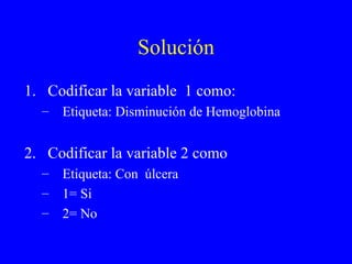 Solución Codificar la variable  1 como: Etiqueta: Disminución de Hemoglobina Codificar la variable 2 como Etiqueta: Con  úlcera 1= Si 2= No 