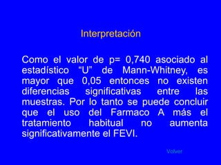 Interpretación Como el valor de p= 0,740 asociado al estadístico “U” de Mann-Whitney, es mayor que 0,05 entonces no existen diferencias significativas entre las muestras. Por lo tanto se puede concluir que el uso del Farmaco A más el tratamiento habitual no aumenta significativamente el FEVI. Volver 