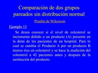 Comparación de dos grupos pareados sin distribución normal Prueba de Wilcoxon Ejemplo 13 Se desea conocer si el nivel de colesterol se incrementa debido a un producto (A) presente en la dieta de los pacientes de un hospital. Para lo cual se cambia el Producto A por un producto B menos rico en colesterol y se hace la medición del colesterol a 42 pacientes antes y después de la sustitución del producto. 