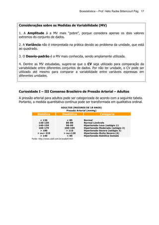 Bioestatística – Prof. Hélio Radke Bittencourt Pág. 17




Considerações sobre as Medidas de Variabilidade (MV)

1. A Amplitude á a MV mais “pobre”, porque considera apenas os dois valores
extremos do conjunto de dados.

2. A Variância não é interpretada na prática devido ao problema da unidade, que está
ao quadrado.

3. O Desvio-padrão é a MV mais conhecida, sendo amplamente utilizada.

4. Dentre as MV estudadas, sugere-se que o CV seja utilizado para comparação da
variabilidade entre diferentes conjuntos de dados. Por não ter unidade, o CV pode ser
utilizado até mesmo para comparar a variabilidade entre variáveis expressas em
diferentes unidades.



Curiosidade I – III Consenso Brasileiro de Pressão Arterial – Adultos

A pressão arterial para adultos pode ser categorizada de acordo com a seguinte tabela.
Portanto, a medida quantitativa contínua pode ser transformada em qualitativa ordinal.
                                   ADULTOS (MAIORES DE 18 ANOS)
                                      Pressão Arterial (mmHg)
             Sistólica              Diastólica                       Categoria

                 < 130                     < 85        Normal
               130-139                     85-89       Normal Limítrofe
               140-159                     90-99       Hipertensão Leve (estágio 1)
               160-179                  100-109        Hipertensão Moderada (estágio 2)
                 > 180                     > 110       Hipertensão Severa (estágio 3)
              > ou= 210                > ou=120        Hipertensão Muito Severa (4)
                 > 140                     < 90        Hipertensão Sistólica Isolada
        Fonte: http://www.cdof.com.br/avalia4.htm
 