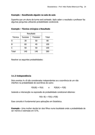Bioestatística – Prof. Hélio Radke Bittencourt Pág. 24




Exemplo – Escolhendo alguém na sala de aula

Suponha que um aluno da turma será sorteado. Após saber o resultado o professor faz
algumas perguntas utilizando probabilidade condicional.


Exemplo – Técnica cirúrgica e Resultado

                    Resultado
 Técnica    Sucesso       Fracasso      Total
A              30           50           80
B              60           40           100
C              50           50           100
Total         140           140          280



Resolver as seguintes probabilidades:




3.1.3 Independência

Dois eventos A e B são considerados independentes se a ocorrência de um não
interfere na probabilidade de ocorrência do outro:

                        P(A|B) = P(A)      e       P(B|A) = P(B)

Isolando a intersecção na expressão de probabilidade condicional obtemos:

                                  P(A∩B) = P(A) x P(B)

Esse conceito é fundamental para aplicações em Estatística.


Exemplo - Uma mulher decide ter dois filhos numa localidade onde a probabilidade de
ser menino é estimada em 51%.
 