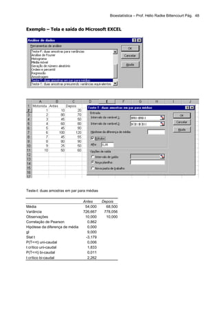 Bioestatística – Prof. Hélio Radke Bittencourt Pág. 48


Exemplo – Tela e saída do Microsoft EXCEL




Teste-t: duas amostras em par para médias

                                 Antes      Depois
Média                             54,000      68,500
Variância                        726,667     778,056
Observações                       10,000      10,000
Correlação de Pearson              0,862
Hipótese da diferença de média     0,000
gl                                 9,000
Stat t                            -3,179
P(T<=t) uni-caudal                 0,006
t crítico uni-caudal               1,833
P(T<=t) bi-caudal                  0,011
t crítico bi-caudal                2,262
 