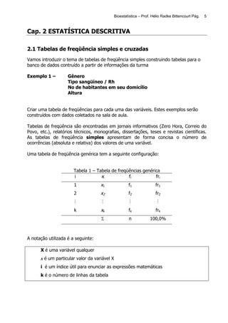 Bioestatística – Prof. Hélio Radke Bittencourt Pág.   5



Cap. 2 ESTATÍSTICA DESCRITIVA

2.1 Tabelas de freqüência simples e cruzadas
Vamos introduzir o tema de tabelas de freqüência simples construindo tabelas para o
banco de dados contruído a partir de informações da turma

Exemplo 1 –         Gênero
                    Tipo sangüíneo / Rh
                    No de habitantes em seu domicílio
                    Altura


Criar uma tabela de freqüências para cada uma das variáveis. Estes exemplos serão
construídos com dados coletados na sala de aula.

Tabelas de freqüência são encontradas em jornais informativos (Zero Hora, Correio do
Povo, etc.), relatórios técnicos, monografias, dissertações, teses e revistas científicas.
As tabelas de freqüência simples apresentam de forma concisa o número de
ocorrências (absoluta e relativa) dos valores de uma variável.

Uma tabela de freqüência genérica tem a seguinte configuração:


                       Tabela 1 – Tabela de freqüências genérica
                       i            xi           fi           fri
                       1            x1                f1              fr1
                       2            x2                f2              fr2
                       M             M                 M               M
                       k            xk                fk              frk
                                     Σ                n            100,0%



A notação utilizada é a seguinte:

      X é uma variável qualquer
      x é um particular valor da variável X
      i é um índice útil para enunciar as expressões matemáticas
      k é o número de linhas da tabela
 