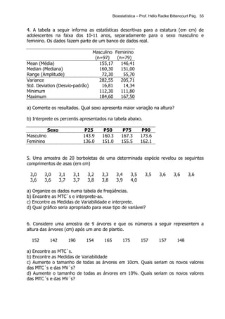 Bioestatística – Prof. Hélio Radke Bittencourt Pág. 55


4. A tabela a seguir informa as estatísticas descritivas para a estatura (em cm) de
adolescentes na faixa dos 10-11 anos, separadamente para o sexo masculino e
feminino. Os dados fazem parte de um banco de dados real.

                               Masculino Feminino
                                (n=97)    (n=79)
Mean (Média)                      155,17    146,41
Median (Mediana)                  160,30    151,00
Range (Amplitude)                  72,30     55,70
Variance                          282,55    205,71
Std. Deviation (Desvio-padrão)     16,81     14,34
Minimum                           112,30    111,80
Maximum                           184,60    167,50

a) Comente os resultados. Qual sexo apresenta maior variação na altura?

b) Interprete os percentis apresentados na tabela abaixo.

            Sexo                  P25     P50         P75         P90
Masculino                        143.9   160.3       167.3       173.6
Feminino                         136.0   151.0       155.5       162.1


5. Uma amostra de 20 borboletas de uma determinada espécie revelou os seguintes
comprimentos de asas (em cm)

 3,0    3,0        3,1     3,1    3,2    3,3      3,4      3,5     3,5     3,6      3,6     3,6
 3,6    3,6        3,7     3,7    3,8    3,8      3,9      4,0

a) Organize os dados numa tabela de freqüências.
b) Encontre as MTC´s e interprete-as.
c) Encontre as Medidas de Variabilidade e interprete.
d) Qual gráfico seria apropriado para esse tipo de variável?


6. Considere uma amostra de 9 árvores e que os números a seguir representem a
altura das árvores (cm) após um ano de plantio.

  152       142          190      154     165        175         157       157        148

a) Encontre as MTC´s.
b) Encontre as Medidas de Variabilidade
c) Aumente o tamanho de todas as árvores em 10cm. Quais seriam os novos valores
das MTC´s e das MV´s?
d) Aumente o tamanho de todas as árvores em 10%. Quais seriam os novos valores
das MTC´s e das MV´s?
 