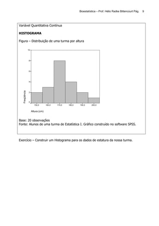 Bioestatística – Prof. Hélio Radke Bittencourt Pág.   9




Variável Quantitativa Contínua

HISTOGRAMA

Figura – Distribuição de uma turma por altura

               10




               8




               6




               4
  Freqüência




               2



               0
                      150,0       160,0   170,0   180,0   190,0     200,0


                    Altura (cm)


Base: 20 observações
Fonte: Alunos de uma turma de Estatística I. Gráfico construído no software SPSS.



Exercício – Construir um Histograma para os dados de estatura da nossa turma.
 