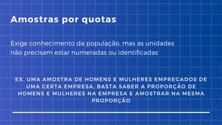 Exige conhecimento da população, mas as unidades
não precisam estar numeradas ou identificadas
Amostras por quotas
EX. UMA AMOSTRA DE HOMENS E MULHERES EMPREGADOS DE
UMA CERTA EMPRESA, BASTA SABER A PROPORÇÃO DE
HOMENS E MULHERES NA EMPRESA E AMOSTRAR NA MESMA
PROPORÇÃO
 