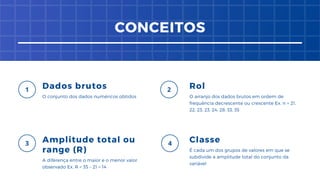 Dados brutos
O conjunto dos dados numéricos obtidos
Rol
O arranjo dos dados brutos em ordem de
frequência decrescente ou crescente Ex. n = 21,
22, 23, 23, 24, 28, 33, 35
Amplitude total ou
range (R)
A diferença entre o maior e o menor valor
observado Ex. R = 35 – 21 = 14
Classe
É cada um dos grupos de valores em que se
subdivide a amplitude total do conjunto da
variável
CONCEITOS
 