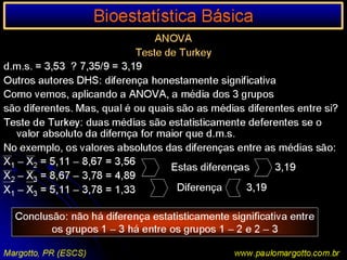 Bioestatística BásicaMREUso da dexametasona no tratamento da Displasia broncopulmonar (DBP) e efeito colateral  Hiperglicemia : RR = 1,27 (IC a 95%: 0,99 – 1,63). Há um aumento da glicemia em 27% dos pacientes (1,25 x 100 = 127: 100 + 27). Não significativo, pois o IC contem a unidade Hipertrofia do miocárdio: RR = 9,0 (IC a 95%: 1,2 – 67,69).Aumento significativo de 9 vezes (o intervalo não contém a unidade)Margotto, PR (ESCS)www.paulomargotto.com.br