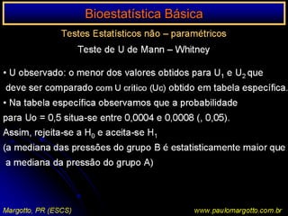 n < 20 / n > 20 < 40Ex.: a) célula da matriz de decisão com o valor 0Suposição de uma determinada enzima em pessoas submetidas a uma reação sorológicaP = (a+b!) x (C=d!) x (a+c!) x (b+d!)	     n! x 1 / a! b! c! d!P = [ (6! 3! 5! 4! / 9!] x [1/5! 1! 0! 3!)P = 0,046 = 4,76%P < 5%: as pessoas submetidas a uma reação sorológica apresentam significativamente uma determinada enzima (afastamos a H0)Margotto, PR (ESCS)www.paulomargotto.com.br