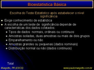 Bioestatística BásicaTeste de Fisher ou da Probabilidade Exatab) Se não houver célula c/ valor zero na matriz de decisãoCalcular a porbabilidade idêntica ao escrito acimaConstruir outra tabela 2x2, subtraindo-se uma unidade dos valoresda diagonal que contenha o menor número de casos e adicionandoesta unidade aos valores da outra diagonalCalcular novamente a probabilidadeEste processo continuará até que se atinja o valor 0Somar todas as probabilidades calculadas		Exemplo: supondo que os valores obtidos sejam:Margotto, PR (ESCS)www.paulomargotto.com.br