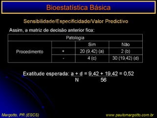 Bioestatística BásicaTESTE tQuando as variâncias são desiguais; a fórmula do teste t é:X2 – X1t = 	         S21 +  S22√n1       n2O número de graus de liberdade é o nº inteiro mais próximo do g obitido pela fórmula:Para saber se as variâncias são iguais: se a maiorvariância for 4 vezes menor, admite-se que as duas populações têm variâncias iguaisEx.: S21 = 15,64; S22 = 6,80     15,64 < 4 (as variâncias                                                   6,8           são iguais) S21+    S222n1         n2g =S21   2+  S222n1+ n2 n1 - 1        n2 - 1Margotto, PR (ESCS)www.paulomargotto.com.br