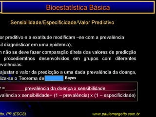 Bioestatística BásicaTeste t para observações pareadasÀs  vezes os pesquisadores estudam os efeitos de um tratamentocomparando-se:* Pares de individuos ( um gêmeo recebe um tratamento e o outro, não). * Dois lados de um mesmo individuo (aplicação de um tratamento para aprevenção de cáries em um lado da arcada dentária eo outro lado semtratamento – controle).Como fazer o teste t:Nível de siginificância ()