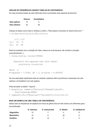 ANÁLISE DE FREQÜÊNCIAS USANDO TABELAS DE CONTINGÊNCIA
Em duas amostras tiradas de solos diferentes foram encontradas duas espécies de tatuzinho:
Oniscus Armadilidium
Solo argiloso 14 6
Solo calcáreo 22 46
Coloque os dados numa matriz e verifique a matriz x. Pode separar comandos na mesma linha com “;”
> x<-matrix(c(14,22,6,46),nc=2);x
[,1] [,2]
[1,] 14 6
[2,] 22 46
Rode qui-quadrado com a correção de Yates, mesmo se você esquecer, ele vai fazer a correção
automaticamente ;-)
> chisq.test(x, correct=TRUE)
Pearson's Chi-squared test with Yates'
continuity correction
data: x
X-squared = 7.5706, df = 1, p-value = 0.005933
Há uma associação significativa entre as variáveis, podemos inferir que Oniscus é associada com solo
calcáreo e Armadilidium com solo argiloso.
Pode até plotar os dados! - Figura 8
> barplot(x, names=c("Oniscus","Armadilidium"),
font=3,beside=TRUE)
> legend(1,30,c("Argiloso","Calcáreo"),fill=c(2,7))
MAIS UM EXEMPLO DE UMA TABELA DE CONTINGÊNCIA
Dados sobre as freqüências de espécies de mosca do gênero Dixa em três riachos com diferentes graus
de eutrofização
D. nebulosa D. submaculata D. dilatata D. nubilipennis
Oligotrófico 12 7 5 17
Mesotrófico 14 6 22 9
Eutrófico 35 12 7 11
22
 