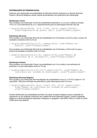 DISTRIBUIÇÕES DE PROBABILIDADE
Podemos criar distribuições de probabilidade de diferentes famílias (Gaussiano ou Normal, Binomial,
Poisson e Binomial Negativa) usando valores personalizados dos parâmetros das distribuições.
Distribuição normal
Para visualizar uma distribuição normal de probabilidade (parâmetros: µ e σ) com a média da amostra
=74.0 e s =2,34 (estimativas de µ e σ, respectivamente) para as observações entre 68 e 80 use:
> barplot(dnorm(68:80, 74.0, 2.34), col=2, names=c(68:80),
xlab=”Comprimento da planta (mm)”, ylab=”Probabilidade”)
Distribuição Binomial
Para visualizar uma distribuição Binomial de probabilidade com k=8 ensaios, p=q=0,5 e para o número de
resultados nomeados entre 0 a 8 use:
> barplot(dbinom(0:8,8,0.5), names=c(0:8), xlab=”Número de
machos”, ylab=”Probabilidade”)
Para visualizar uma distribuição Binomial de probabilidade com k=8 ensaios, p=0,8 e q=0,2 e para o
número de resultados nomeados entre 0 e 8 use:
> barplot(dbinom(0:8,8,0.8), names=c(0:8),xlab=”Número de
indivíduos de D. autumnalis”, ylab=”Probabilidade”)
Distribuição Poisson
Para visualizar uma distribuição Poisson de probabilidade com λ=4 (a média é uma estimativa do
parâmetro λ) e para observações entre 0 e 10 use:
> barplot(dpois(0:10,4.0),col=3,names=c(0:10), xlab=”Número de
indivíduos por unidade de amostragem”, ylab=”Probabilidade”)
Distribuição Binomial Negativa
Para visualizar uma distribuição Binomial Negativa de probabilidade com=µ=2, σ2
=s2
=5.0, kappa k=1.33
(veja Elliott, 1983 para estimação de parâmetros) e para observaçoes entre 0 e 8 use:
> barplot(dnbinom(0:8, mu=2, size=1.33), col=3, names=c(0:8),
xlab=”Número de indivíduos por unidade de amostragem”,
ylab=”Probabilidade”)
Criando distribuições de probabilidade permitem nós testar se dados biológicos sobre a dispersão de
organismos no seu ambiente conformem aos modelos Binomial (dispersão regular), Poisson (dispersão
aleatória) ou Binomial Negativa (dispersão contagiosa ou agregada). Veja Elliott (1983) ou Fowler & Cohen
(1990) para mais detalhes.
55
 