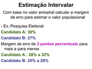Estimação Intervalar Com base no valor amostral calcular a margem de erro para estimar o valor populacional - Ex.:Pesquisa Eleitoral: Candidato A: 30% Candidato B: 27% Margem de erro de  2 pontos percentuais  para mais a para menos Candidato A : 28% a 32% Candidato B: 25% a 29% 