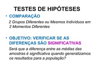 TESTES DE HIPÓTESES COMPARAÇÃO 2 Grupos Diferentes ou Mesmos Indivíduos em 2 Momentos Diferentes OBJETIVO: VERIFICAR SE AS DIFERENÇAS SÃO  SIGNIFICATIVAS Será que a diferença entre as médias das amostras é significativa quando generalizamos os resultados para a população? 