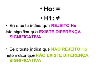 Ho: = H1:  ≠ Se o teste indica que  REJEITO Ho   isto significa que  EXISTE DIFERENÇA SIGNIFICATIVA Se o teste indica que  NÃO REJEITO   Ho isto indica que  NÃO EXISTE DIFERENÇA SIGNIFICATIVA 