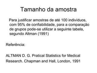 Tamanho da amostra Para justificar amostras de até 100 indivíduos, com 95% de confiabilidade, para a comparação de grupos pode-se utilizar a seguinte tabela, segundo Altman (1991) Referência: ALTMAN D. G. Pratical Statistics for Medical Research.  Chapman and Hall, London, 1991 
