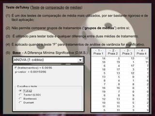 Teste deTukey (Teste de comparação de médias)
(1) É um dos testes de comparação de média mais utilizados, por ser bastante rigoroso e de
fácil aplicação;
(2) Não permite comparar grupos de tratamentos (“grupos de médias”) entre si;
(3) É utilizado para testar toda e qualquer diferença entre duas médias de tratamento;
(4) É aplicado quando o teste “F” para tratamentos de análise de variância for significativo.
(5) Base – A Diferença Mínima Significativa (D.M.S.)
 