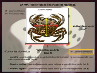 EXTRA: ‘Teste t’ usado em análise de regressão.
* LC – Largura cefalotorácica
* CC – Comprimento cefalot.
• Constantes alométricas: *b = Constante alométrica
• Isometria – A variável dependente e a variável independente crescem na mesma proporção, mas
não com um mesmo valor. (b = 1)
• Alometria positiva – A variável dependente cresce mais que a variável independente. (b > 1)
• Alometria negativa – A variável dependente cresce menos que variável independente. (b < 1)
Variável Independente
(eixo X)
Variável Dependente
(eixo Y)
 