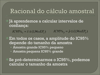 Já aprendemos a calcular intervalos de confiança: Em todos os casos, a amplitude do IC95% depende do tamanho da amostra Amostra grande IC95% pequeno Amostra pequena IC95% grande Se pré-determinarmos o IC95%, podemos calcular o tamanho da amostra 