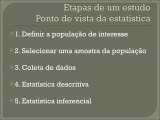 1. Definir a população de interesse 2. Selecionar uma amostra da população 3. Coleta de dados 4. Estatística descritiva 5. Estatística inferencial 