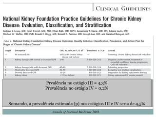 Prvalência no estágio III = 4,3% Prevalência no estágio IV = 0,2% Somando, a prevalência estimada (p) nos estágios III e IV seria de 4,5% Annals of Internal Medicine 2003 