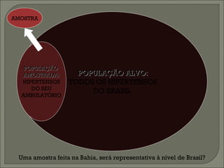 POPULAÇÃO ALVO: TODOS OS HIPERTENSOS  DO BRASIL POPULAÇÃO  AMOSTRADA: HIPERTENSOS DO SEU AMBULATÓRIO AMOSTRA Uma amostra feita na Bahia, será representativa à nível de Brasil? 