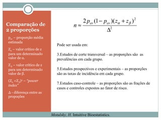 Comparação de 2 proporções p av  – proporção média estimada Z α  – valor crítico de z para um determinado valor de  α . Z  β  – valor crítico de z para um determinado valor de  β . (Z α  +Z  β ) 2   –  “power index”  ∆  - diferença entre as propoções Motulsky, H . Intuitive Bioestatistics. Pode ser usada em: Estudos de corte transversal – as proporções são  as prevalências em cada grupo. Estudos prospectivos e experimentais – as proporções são as taxas de incidência em cada grupo. Estudos caso-controle – as proporções são as frações de casos e controles expostos ao fator de risco. 