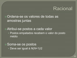 Teste de McNemarO valor crítico de qui-quadrado para 1 grau de liberdade e nível de significância de 5% é 3,84. Como o valor calculado de qui-quadrado é maior que o crítico, rejeita-se H0.23