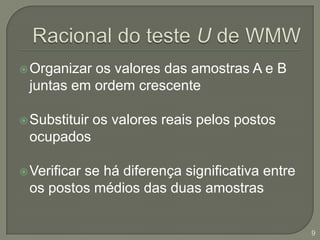 Racional do teste U de WMWOrganizar os valores das amostras A e B juntas em ordem crescenteSubstituir os valores reais pelos postos ocupadosVerificar se há diferença significativa entre os postos médios das duas amostras9