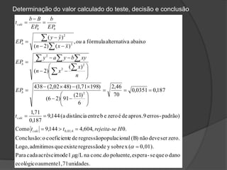 Determinação do valor calculado do teste, decisão e conclusão
unidades.1,71aumenteecológico
danooquese-esperapoluente,doconc.nag/L1deacréscimocadaPara
0,01).(xsobreyderegressãoexistequeadmitimosLogo,
zero.serdevenão(B)alpopulacionregressãodeecoeficiento:Conclusão
.0,604,4144,9Como
padrão)-erros9aprox.deézeroebentredistância(a144,9
187,0
71,1
187,00351,0
70
46,2
6
)21(
91)26(
)19871,1()4802,2(438
)(
)2(
abaixoaalternativfórmulaa,
)()2(
)ˆ(
4;01,0
2
2
2
2
2
2

 





























 
  


Hrejeita-sett
t
EP
n
x
xn
xybyay
EP
ou
xxn
yy
EP
EP
b
EP
Bb
t
calc
calc
b
b
b
bb
calc
 