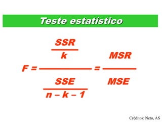 SSR
k MSR
F = =
SSE MSE
n – k – 1
Teste estatístico
Créditos: Neto, AS
 