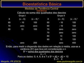Bioestatística BásicaBioestatística Básica
Margotto, PR (ESCS) www.paulomargotto.com.br
Medidas de Tendência Central
Variância
Cálculo da soma dos quadrados dos desvios
Então, para medir a dispersão dos dados em relação à média, usa-se a
variância (S2
) que leva em consideração o n
S2
= soma dos quadrados dos desvios
n – 1
Para os dados: 0, 4, 6, 8 e 7 a S2
= 40 = 40 = 10
5 –1 4
Grupo IGrupo I Grupo IIGrupo II
XX (x – X)(x – X) (x – X)(x – X) 22
XX (x – X)(x – X) (x – X)(x – X) 22
6060 - 10- 10 100100 6060 - 10- 10 100100
7070 zerozero zerozero 6060 - 10- 10 100100
8080 1010 100100 7070 zerozero zerozero
7070 zerozero zerozero
8080 1010 100100
8080 1010 100100
zerozero 200200 zerozero 400400
 