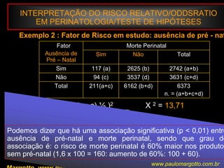 INTERPRETAÇÃO DO RISCO RELATIVO/ODDSRATIO
EM PERINATOLOGIA/TESTE DE HIPÓTESES
Exemplo 2 : Fator de Risco em estudo: ausência de pré - nat
6373
n. = (a+b+c+d)
6162 (b+d)211(a+c)Total
3631 (c+d)3537 (d)94 (c)Não
2742 (a+b)2625 (b)117 (a)Sim
TotalNãoSim
Morte PerinatalFator
Ausência de
Pré – Natal
(a x d – b x c) ½ )2 X 2 = 13,71
(a+b) x (d+c) x (b+d) x (a+c)
Podemos dizer que há uma associação significativa (p < 0,01) entre
ausência de pré-natal e morte perinatal, sendo que grau de
associação é: o risco de morte perinatal é 60% maior nos produtos
sem pré-natal (1,6 x 100 = 160: aumento de 60%: 100 + 60).
www.paulomargotto.com.br
 
